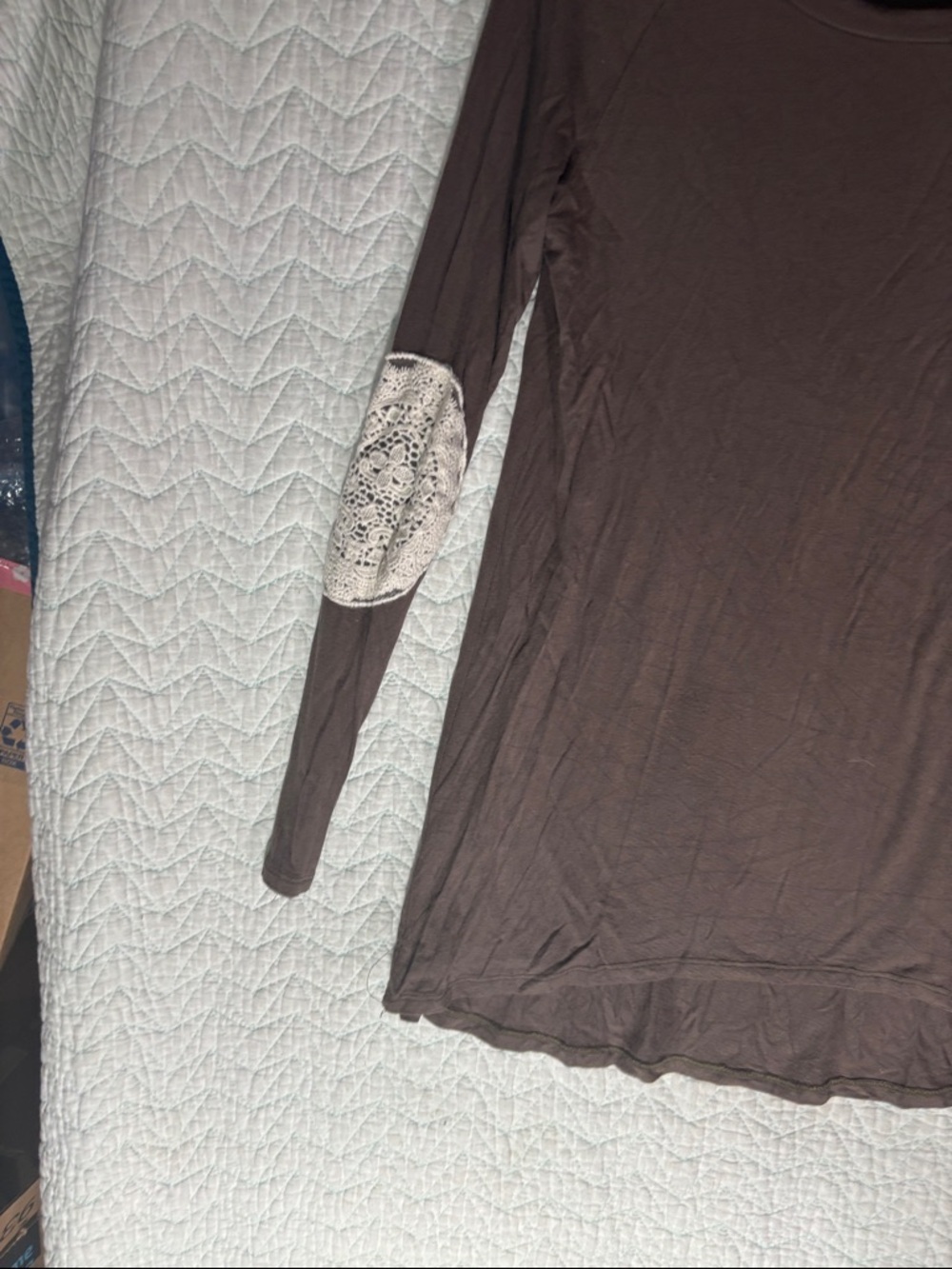 BKE Taupe Long Sleeve Scoop Neck Top with White Crochet Elbow Patches - Picture 5 of 11
